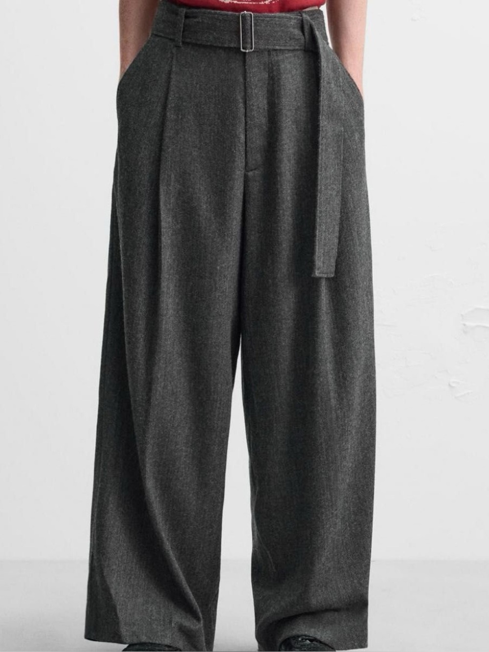 Zara × Harry Lambert Men's Wide Leg Tweed Grey Pants With Belt